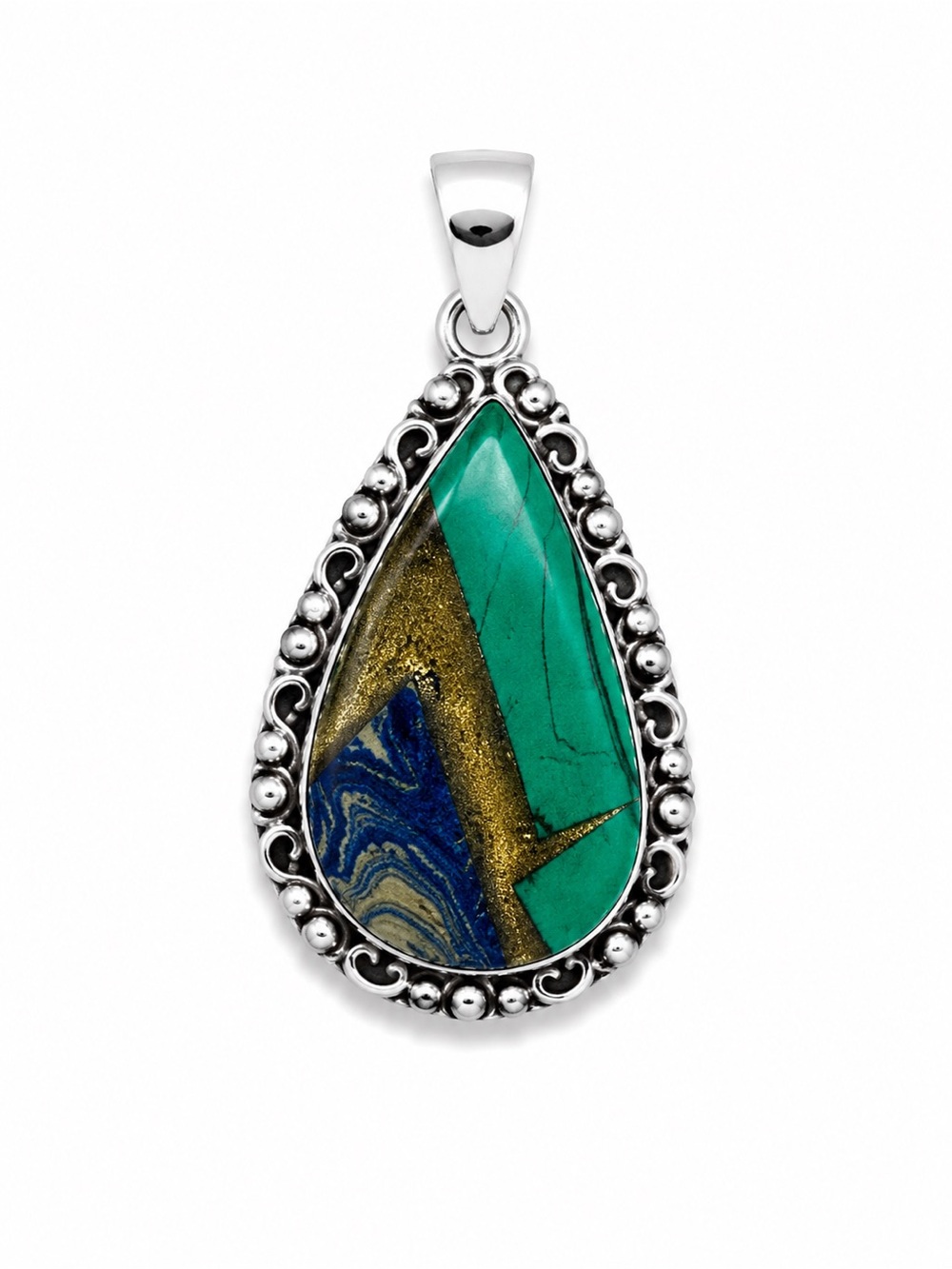 Sterling Silver Stamped Teardrop Turquoise & Multicolor Inlay Pendant